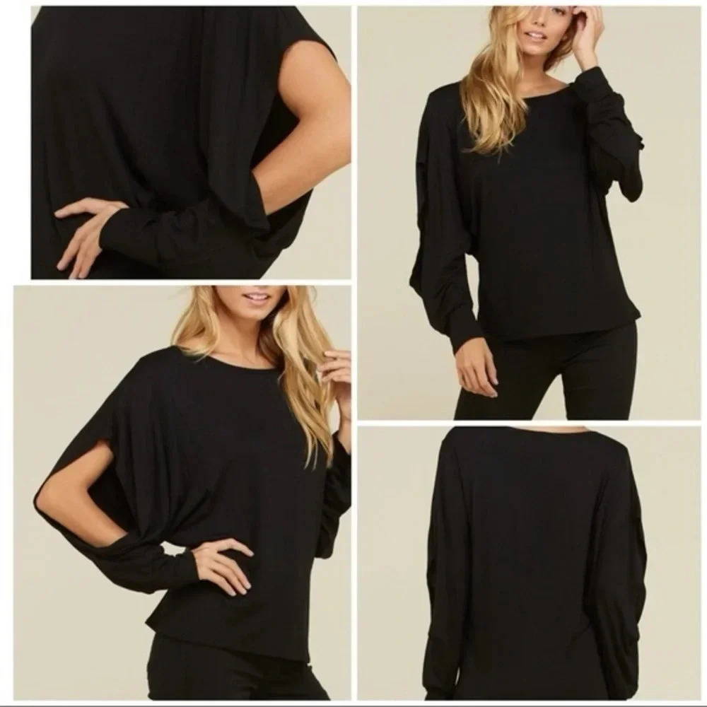 boutique annabelle Black split open sleeve rayon top womens  minimalist new